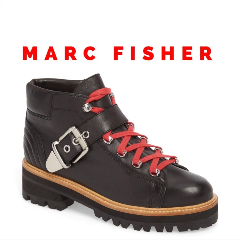 Black Leather Marc Fisher Boots with red laces